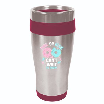 Pink Or Blue We Cant Wait To Know Donut Gender Reveal 16oz Travel Tumbler