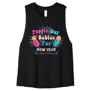 Poppin Out Babies For The New Year Labor & Delivery 2025 Women's Racerback Cropped Tank