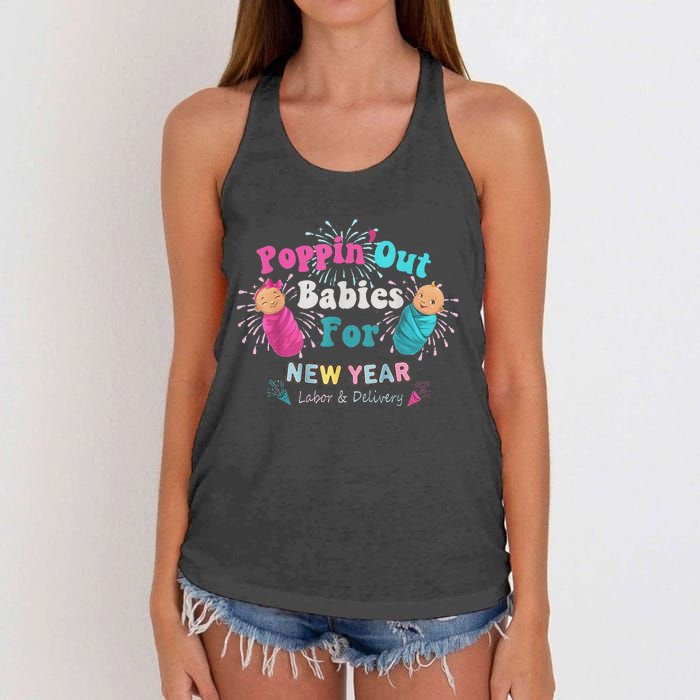 Poppin Out Babies For The New Year Labor & Delivery 2025 Women's Knotted Racerback Tank