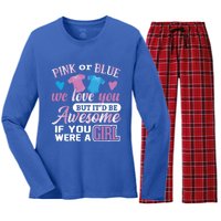 Pink Or Blue We Love You Gender Reveal Cute Gift Women's Long Sleeve Flannel Pajama Set 