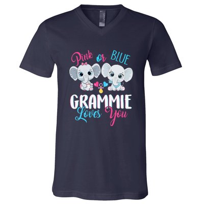 Pink Or Blue Grammie Loves You ElephantsBaby Gender Reveal V-Neck T-Shirt