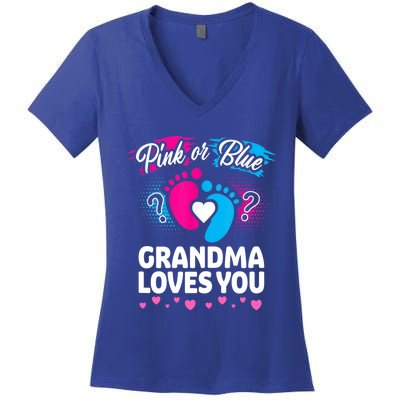 Pink Or Blue Grandma Loves You Gift Gender Reveal Cool Gift Women's V-Neck T-Shirt