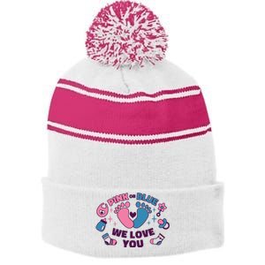 Pink Or Blue We Love You Pregnancy Reveal Stripe Pom Pom Beanie