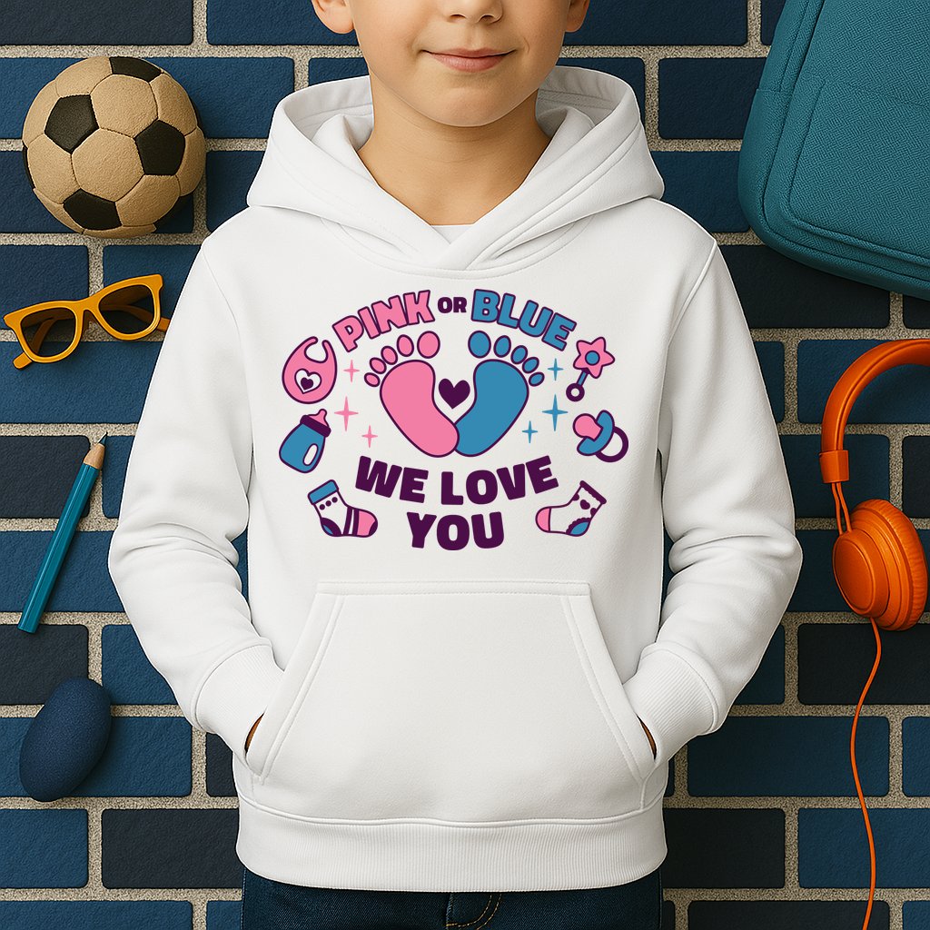 Pink Or Blue We Love You Pregnancy Reveal Kids Hoodie