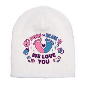 Pink Or Blue We Love You Pregnancy Reveal Short Acrylic Beanie