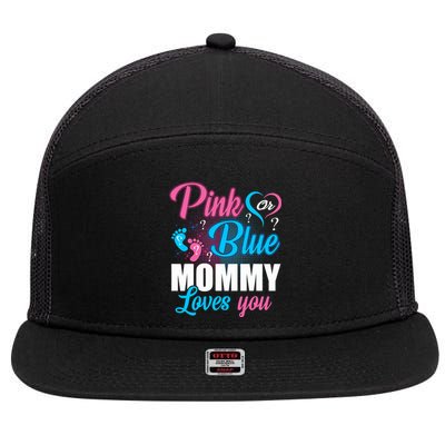 Pink Or Blue Mommy Loves You Gender Baby Reveal Party 7 Panel Mesh Trucker Snapback Hat