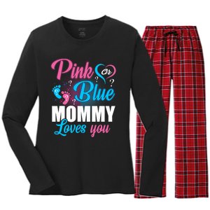 Pink Or Blue Mommy Loves You Gender Baby Reveal Party Women's Long Sleeve Flannel Pajama Set 