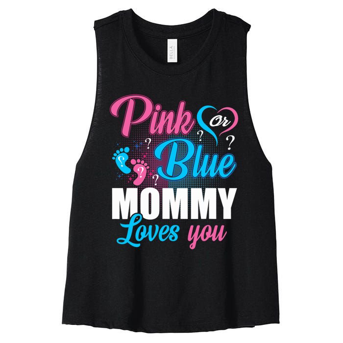 Pink Or Blue Mommy Loves You Gender Baby Reveal Party Women's Racerback Cropped Tank