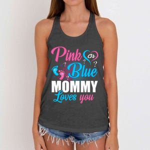 Pink Or Blue Mommy Loves You Gender Baby Reveal Party Women's Knotted Racerback Tank