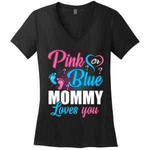 Pink Or Blue Mommy Loves You Gender Baby Reveal Party Women's V-Neck T-Shirt