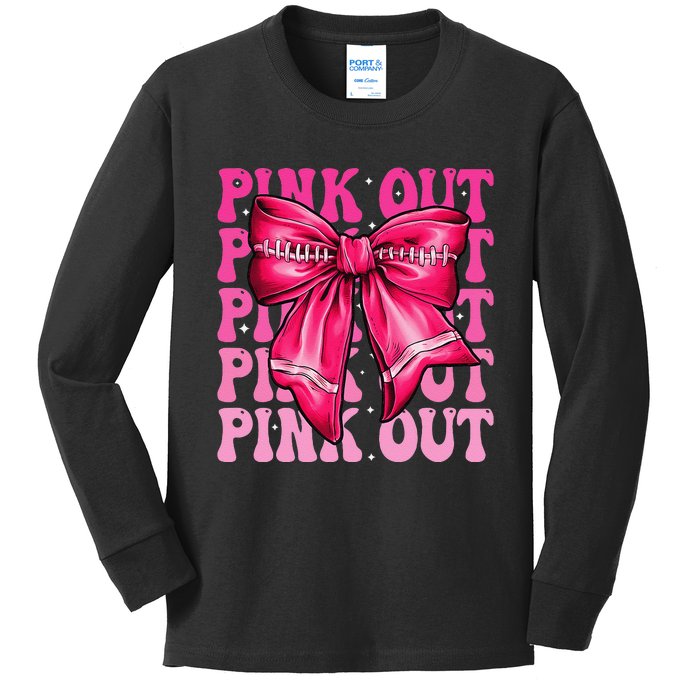 P.Ink Out Breast Cancer Football Coquette Bow Mom Gift Kids Long Sleeve Shirt