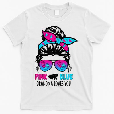 Pink Or Blue Grandma Loves You Messy Bun Hair Gender Reveal T-Shirt