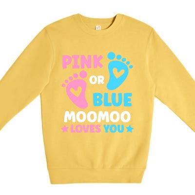 Pink Or Blue Moomoo Loves You Cute Gender Reveal Shower Cool Gift Premium Crewneck Sweatshirt