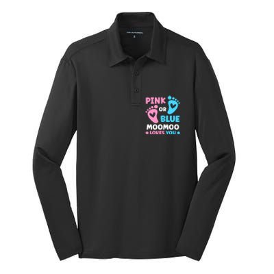 Pink Or Blue Moomoo Loves You Cute Gender Reveal Shower Cool Gift Silk Touch Performance Long Sleeve Polo