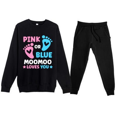 Pink Or Blue Moomoo Loves You Cute Gender Reveal Shower Cool Gift Premium Crewneck Sweatsuit Set