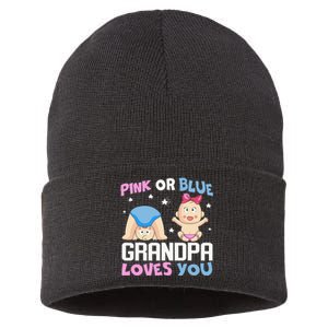 Pink Or Blue Grandpa Loves You Baby Gender Reveal Sustainable Knit Beanie