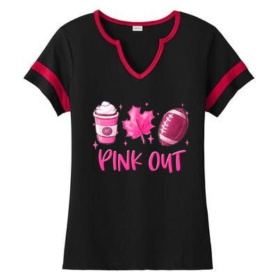 Pink Out Breast Cancer Awareness Day Pumpkin Spice Football Gift Ladies Halftime Notch Neck Tee