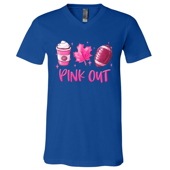 Pink Out Breast Cancer Awareness Day Pumpkin Spice Football Gift V-Neck T-Shirt