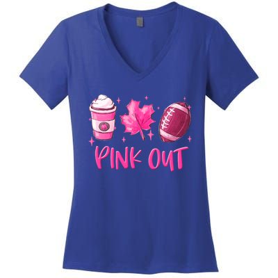 Pink Out Breast Cancer Awareness Day Pumpkin Spice Football Gift Women's V-Neck T-Shirt