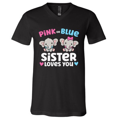 Pink Or Blue Sister Loves You Funny Gender Reveal V-Neck T-Shirt