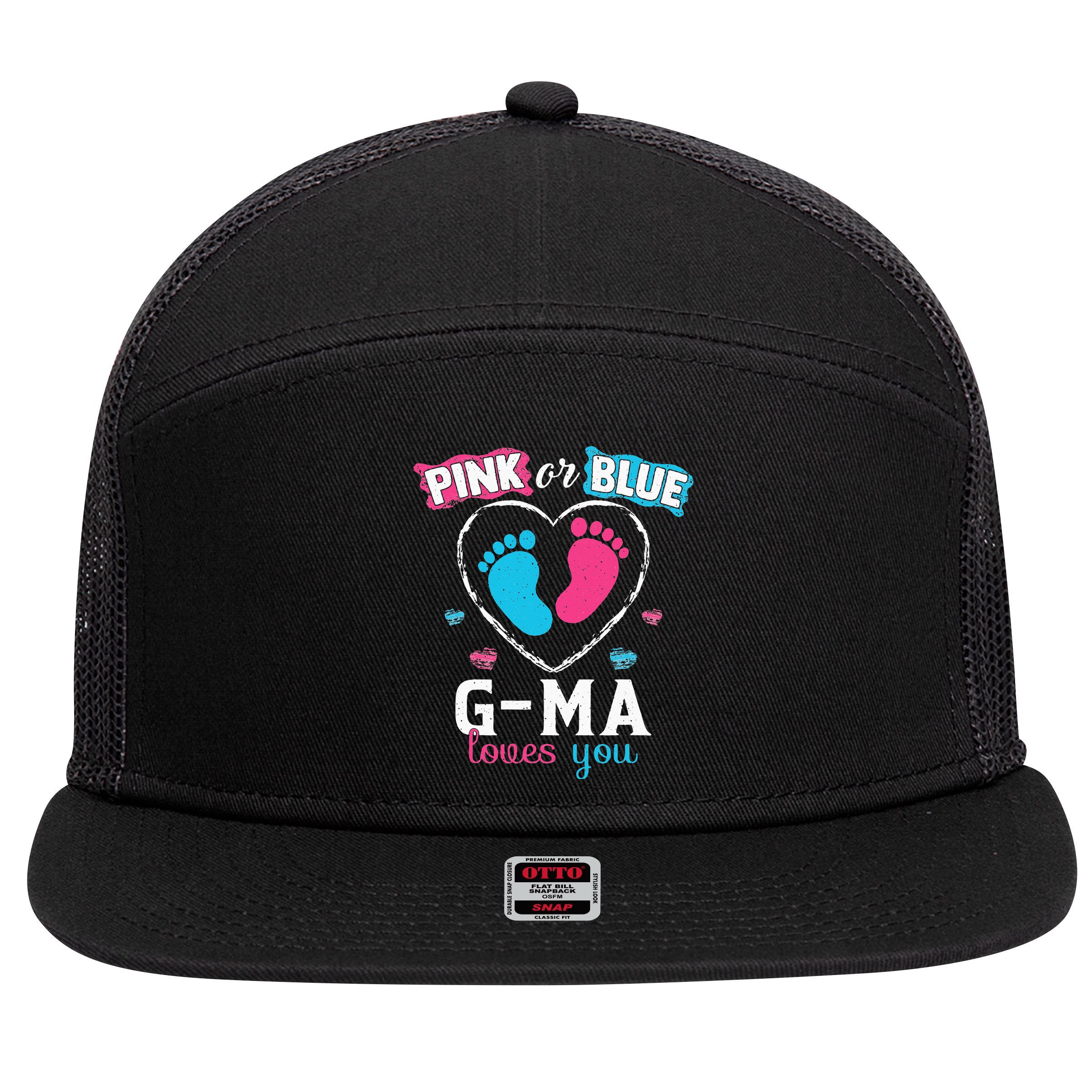 Pink Or Blue Gma Loves You Baby Gender Reveal Gma 7 Panel Mesh Trucker Snapback Hat