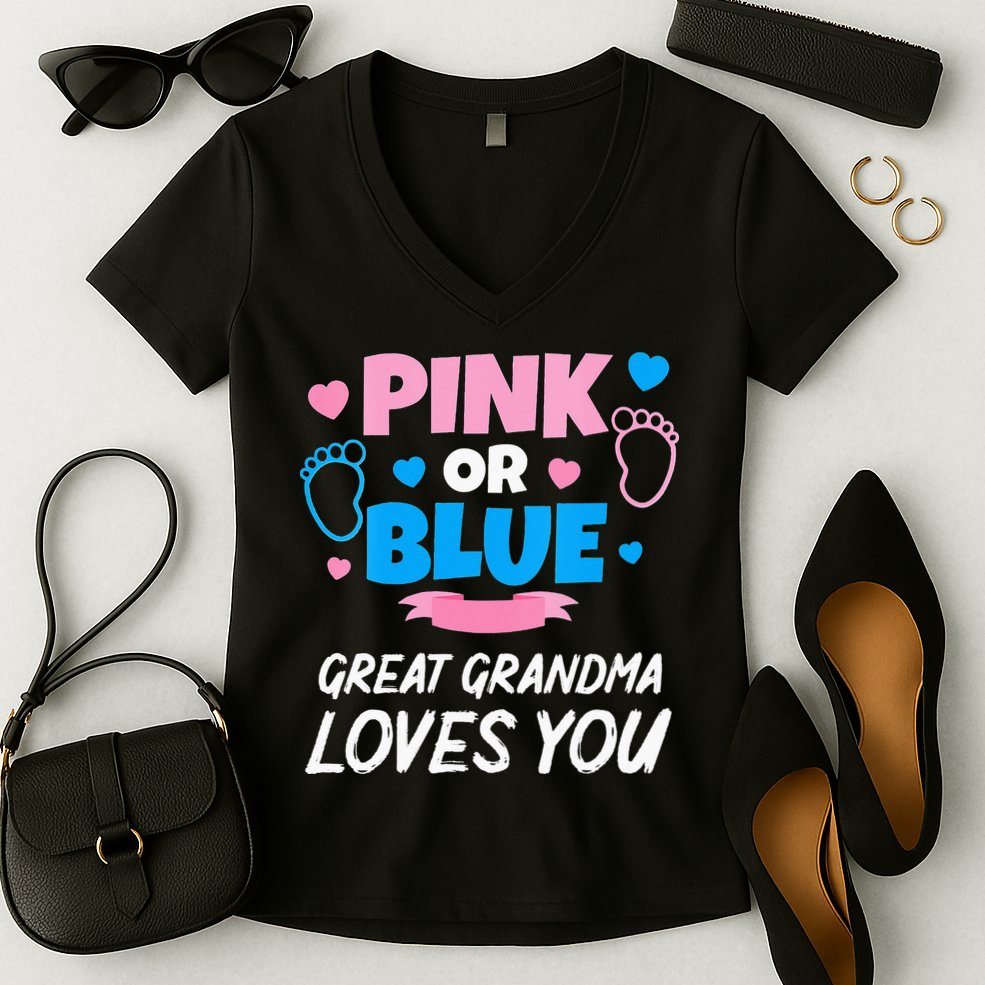 Pink Or Blue Great Grandma Loves You Baby Gender Reveal Women's V-Neck T-Shirt