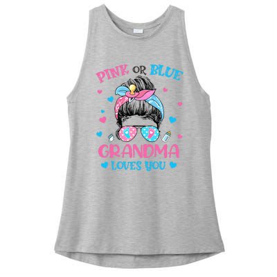 Pink or Blue Grandma Loves You Gender Reveal Messy Bun Ladies PosiCharge Tri-Blend Wicking Tank