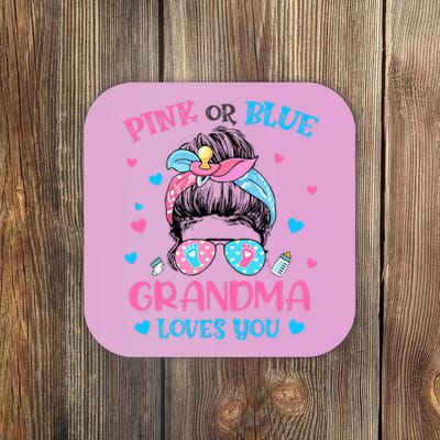 Pink or Blue Grandma Loves You Gender Reveal Messy Bun Coaster