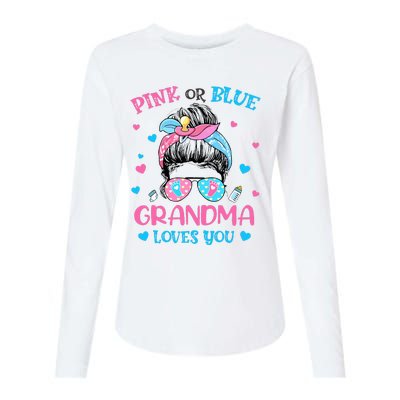 Pink or Blue Grandma Loves You Gender Reveal Messy Bun Womens Cotton Relaxed Long Sleeve T-Shirt