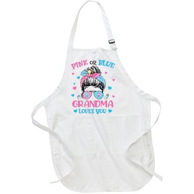 Pink or Blue Grandma Loves You Gender Reveal Messy Bun Full-Length Apron With Pockets