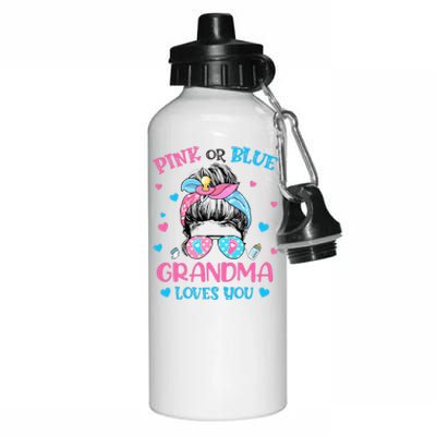 Pink or Blue Grandma Loves You Gender Reveal Messy Bun Aluminum Water Bottle