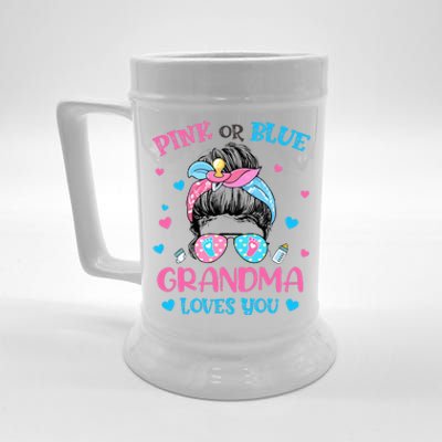 Pink or Blue Grandma Loves You Gender Reveal Messy Bun Beer Stein