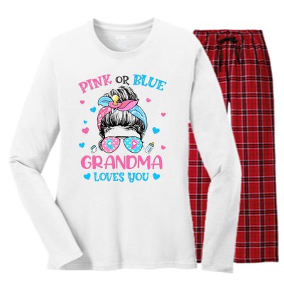 Pink or Blue Grandma Loves You Gender Reveal Messy Bun Women's Long Sleeve Flannel Pajama Set 