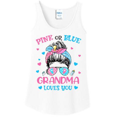 Pink or Blue Grandma Loves You Gender Reveal Messy Bun Ladies Essential Tank