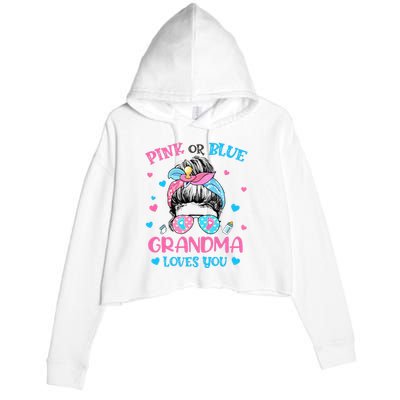 Pink or Blue Grandma Loves You Gender Reveal Messy Bun Crop Fleece Hoodie