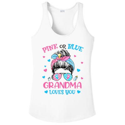 Pink or Blue Grandma Loves You Gender Reveal Messy Bun Ladies PosiCharge Competitor Racerback Tank