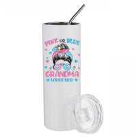 Pink or Blue Grandma Loves You Gender Reveal Messy Bun Stainless Steel Tumbler