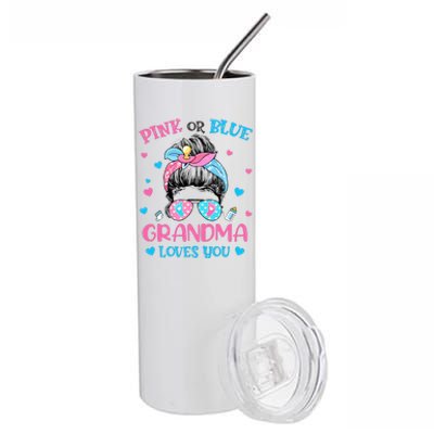 Pink or Blue Grandma Loves You Gender Reveal Messy Bun Stainless Steel Tumbler