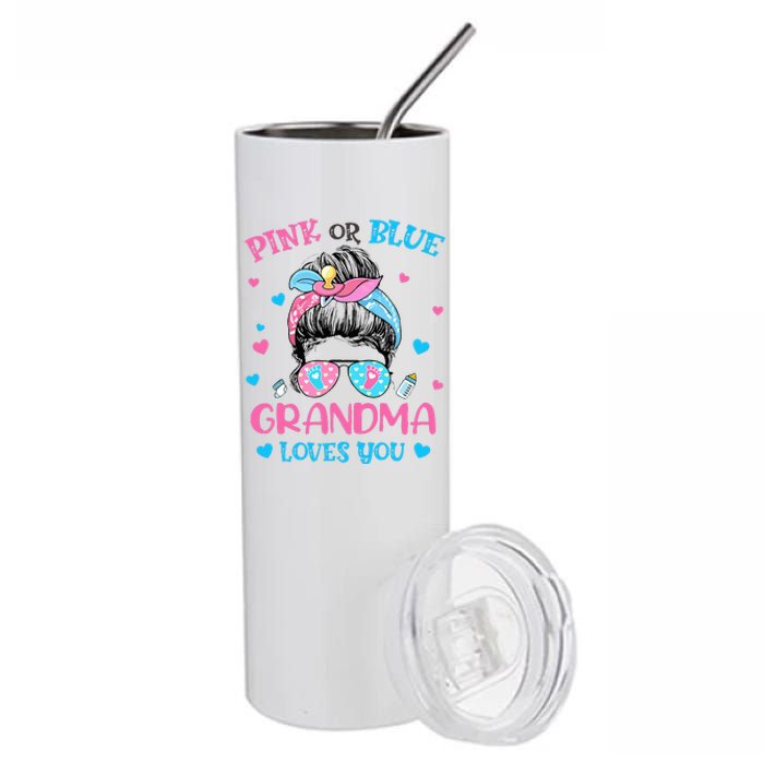 Pink or Blue Grandma Loves You Gender Reveal Messy Bun Stainless Steel Tumbler