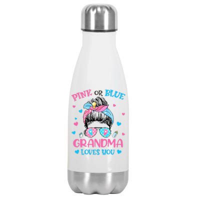 Pink or Blue Grandma Loves You Gender Reveal Messy Bun Stainless Steel Insulated Water Bottle