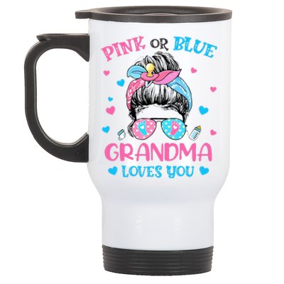 Pink or Blue Grandma Loves You Gender Reveal Messy Bun Stainless Steel Travel Mug