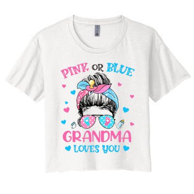 Pink or Blue Grandma Loves You Gender Reveal Messy Bun Women's Crop Top Tee