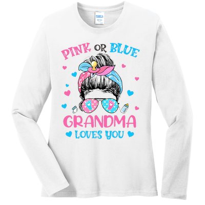 Pink or Blue Grandma Loves You Gender Reveal Messy Bun Ladies Long Sleeve Shirt