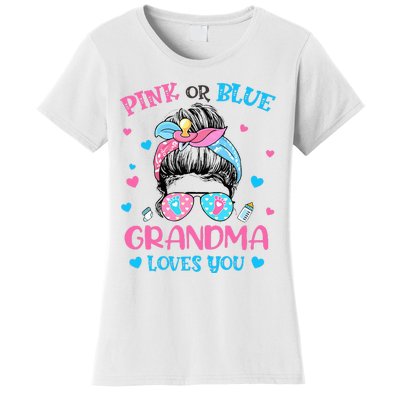 Pink or Blue Grandma Loves You Gender Reveal Messy Bun Women's T-Shirt