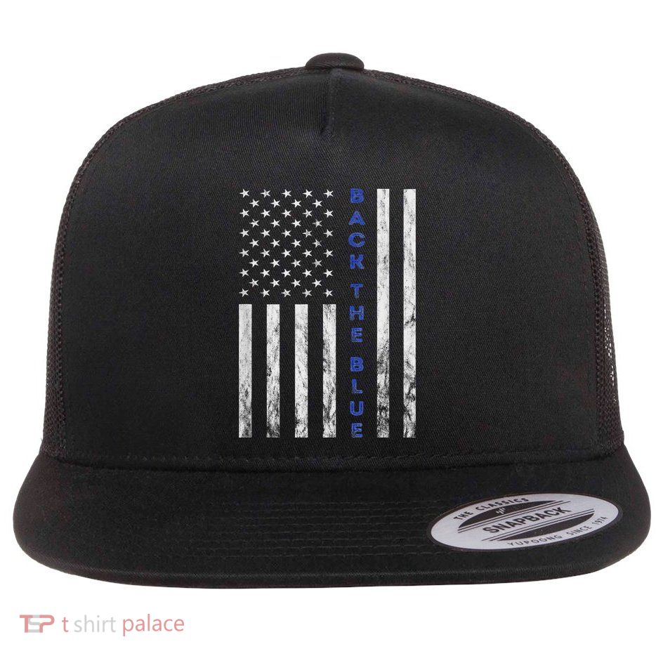 Police Officer Back The Blue Patriotic American Flag Poud Flat Bill Trucker Hat