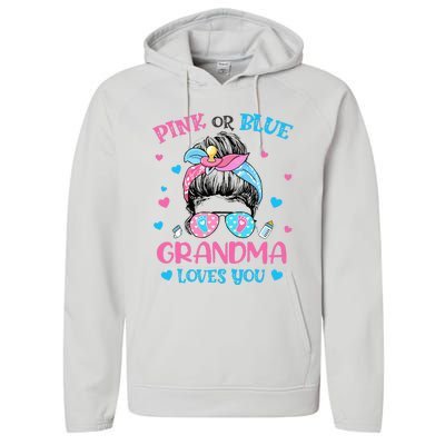 Pink or Blue Grandma Loves You Gender Reveal Messy Bun Performance Fleece Hoodie