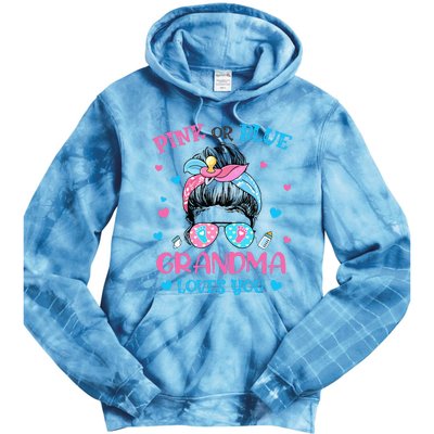 Pink or Blue Grandma Loves You Gender Reveal Messy Bun Tie Dye Hoodie