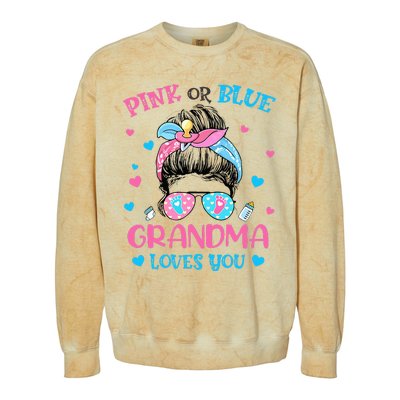 Pink or Blue Grandma Loves You Gender Reveal Messy Bun Colorblast Crewneck Sweatshirt