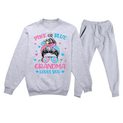 Pink or Blue Grandma Loves You Gender Reveal Messy Bun Premium Crewneck Sweatsuit Set