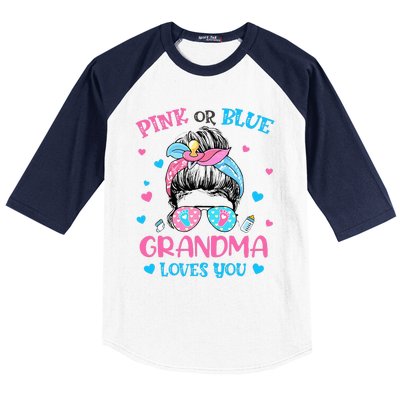 Pink or Blue Grandma Loves You Gender Reveal Messy Bun Baseball Sleeve Shirt